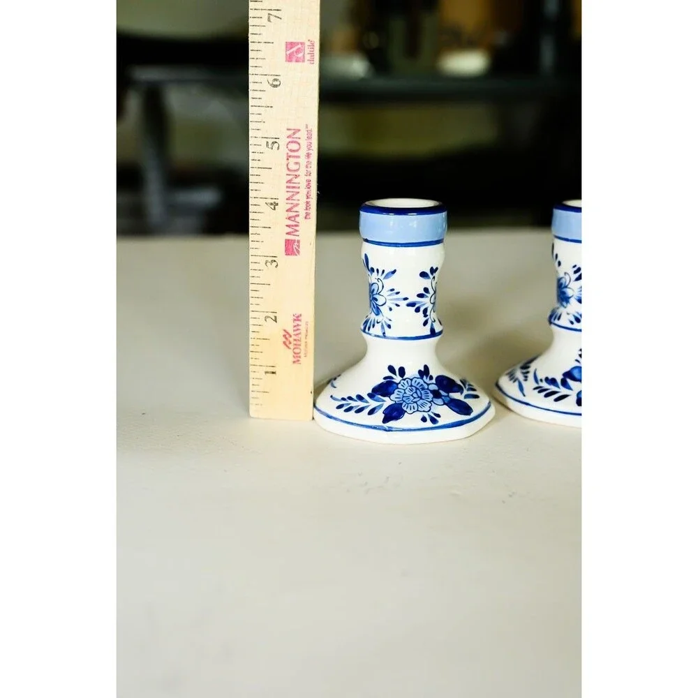 Holland Hand Painted Candle Stick Holders candlestick White Blue Floral